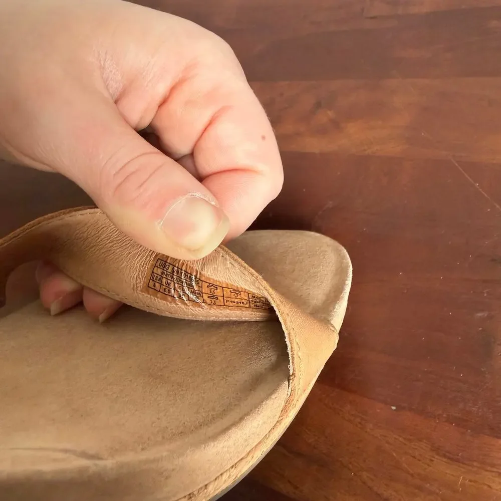 UGG Emilia Tan Leather Cork Wedge Strappy Sandal Womens 8 Coquette - Picture 4 of 5